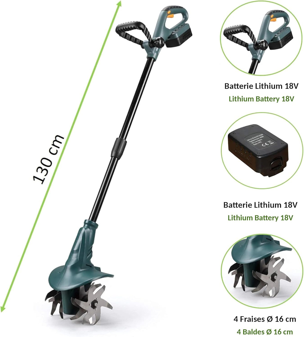 FISHTEC ® Accu-motorhak met lithiumbatterij 18 V, werkbreedte 20 cm, werkdiepte 8 cm, 4 frezen, ergonomische dubbele handgreep, inclusief accu en oplader