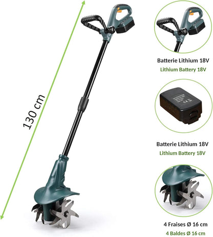 FISHTEC ® Accu-motorhak met lithiumbatterij 18 V, werkbreedte 20 cm, werkdiepte 8 cm, 4 frezen, ergonomische dubbele handgreep, inclusief accu en oplader