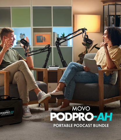 Movo Draagbare podcast-apparatuurbundel voor iPhone/Android-telefoons - Podcastkit met audio-interface, 2 CastMic dynamische microfoons, 2 koptelefoons, 2 giekarmen - voor smartphones, computers, pc