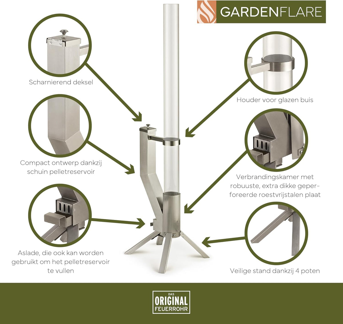 Fire tube, stainless steel fire column and pellet torch for a great atmospheric fire, elegant patio heater and garden fireplace, alternative to your patio and garden, silver - QUORE