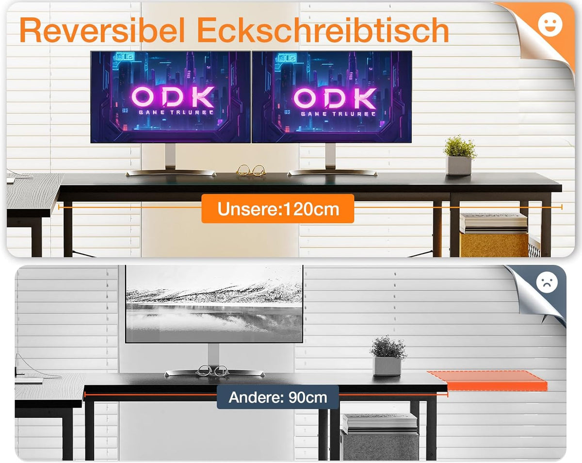 ODK Gaming tafel, L-vorm, omkeerbaar gaming bureau met 2 stopcontacten en 2 USB-laadpoorten, maximale organisatie en opbergruimte, zwart, 168 x 120 cm