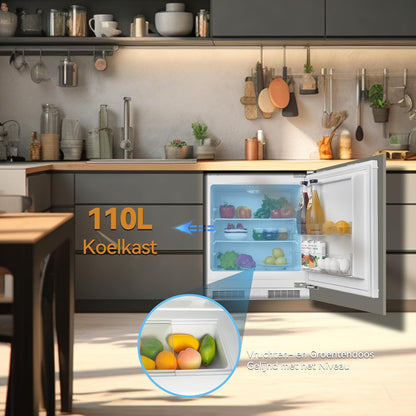 Inbouwkoelkast – Keukenkoelkast – Compacte Koelkast – Inbouw Koelapparaat – Koelkast Zonder Vriesvak – 110 Liter – Low Frost Technologie – Omkeerbare Deurscharnieren – Temperatuurregeling – LED-Verlichting