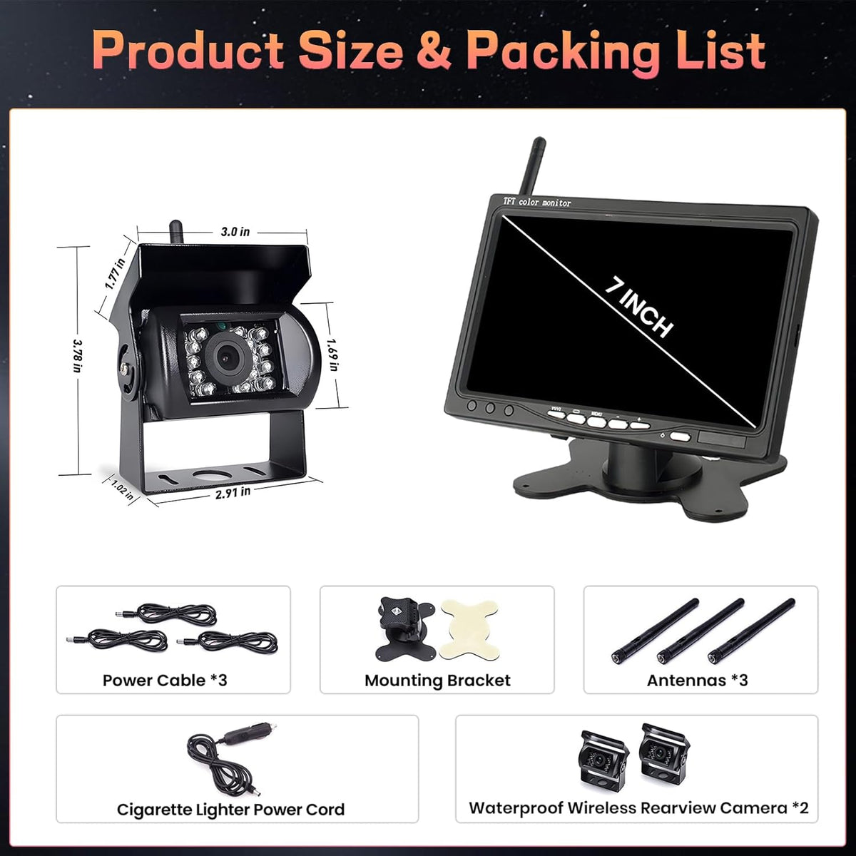 7 inch Draadloos Achteruitrijcamera Systeem – Achteruitrijcamera – Parkeercamera – Campercamera – Truckcamera – 2 Camera’s Met Split-Screen – IP67 Waterdicht & Nachtvisie – 12-24V - QUORE