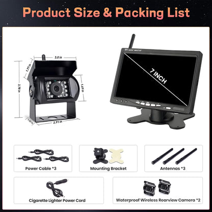 7 inch Draadloos Achteruitrijcamera Systeem – Achteruitrijcamera – Parkeercamera – Campercamera – Truckcamera – 2 Camera’s Met Split-Screen – IP67 Waterdicht & Nachtvisie – 12-24V - QUORE