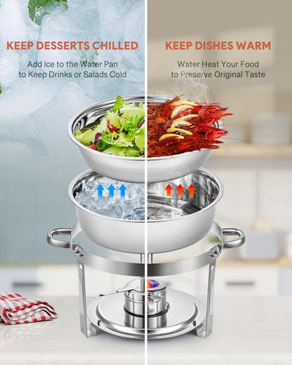 Wilprep Chafing dish rond 5 liter, Buffet set van 4, RVS voedselwarmer kit, Bain Marie Ø 34 cm met brandpasta houders, voor restaurant catering partijen bruiloften picknicks feest