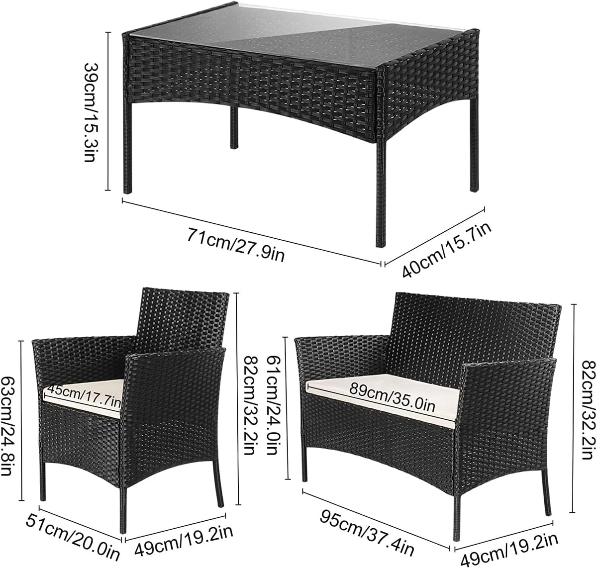 Arreditaly Tuinmeubelset, woonkamer, rotan, 4-zits met tafel en glazen rek, 2 stoelen en bank, 2-zits voor tuin, buitenzwembad, afneembare kussens (bruin)