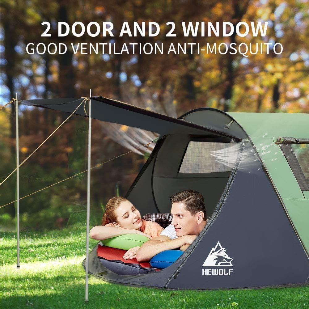 HEWOLF Pop-up tent voor 2-4 personen, campingtent met voortent, automatisch, ultralichte familietent, secondentent, zonwering, cabana-tent voor outdoor, camping, festival, groot legergroen