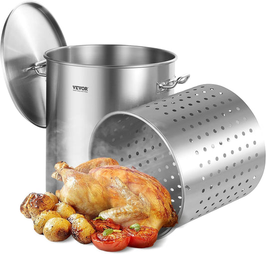 VEVOR Roestvrijstalen voorraadpot, 64 liter grote kookpotten, kookgerei sauspan met mand, deksel en handvat, zware voorraadpot van commerciële kwaliteit, schuurbehandeling, voor grote groepen,