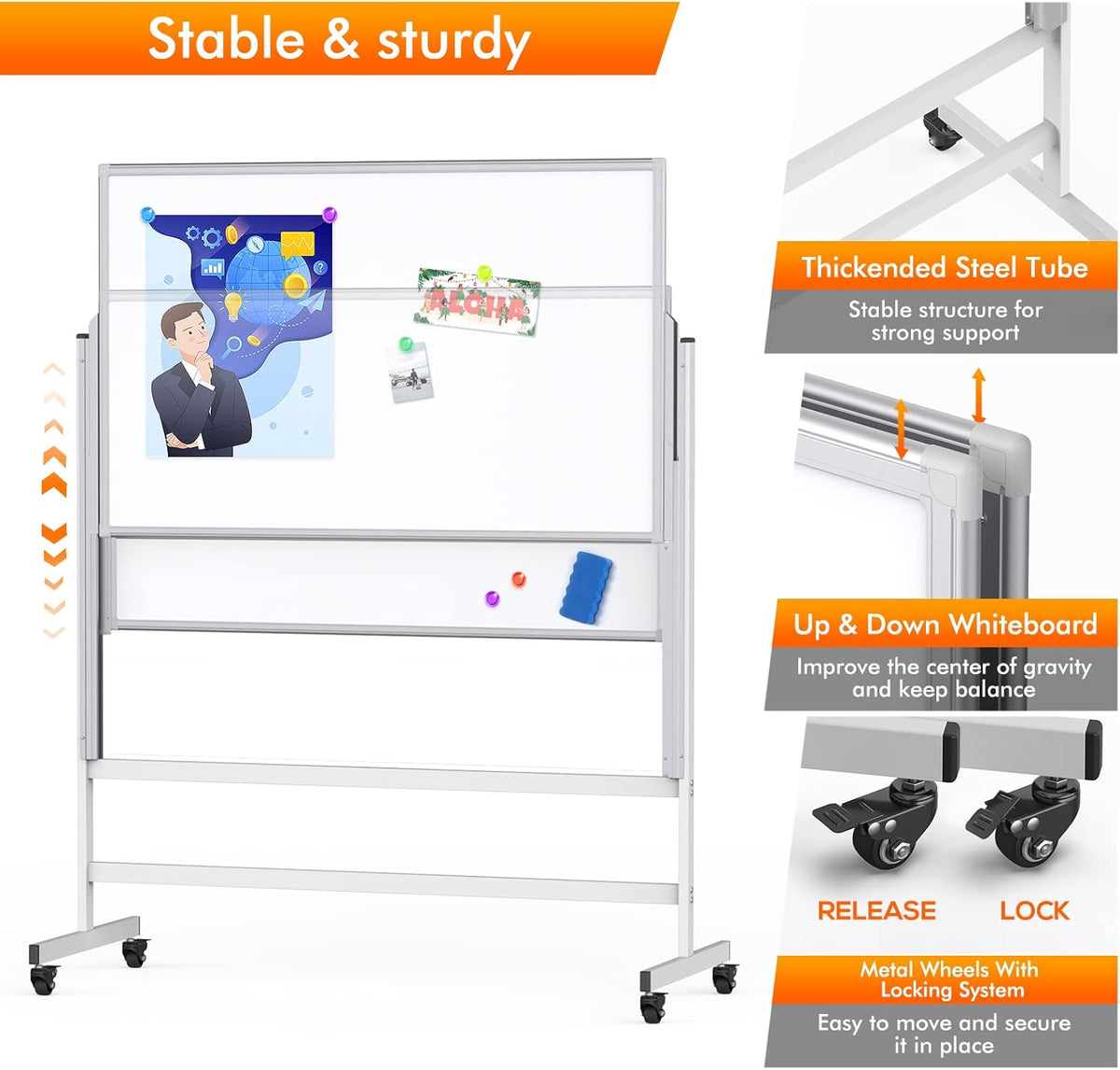 Whiteboard In hoogte verstelbaar, schildersezelstandaard wit bord op wielen mobiel dubbelzijdig magnetisch rollend wit bord glijdend whiteboard voor thuiskantoor klaslokaal