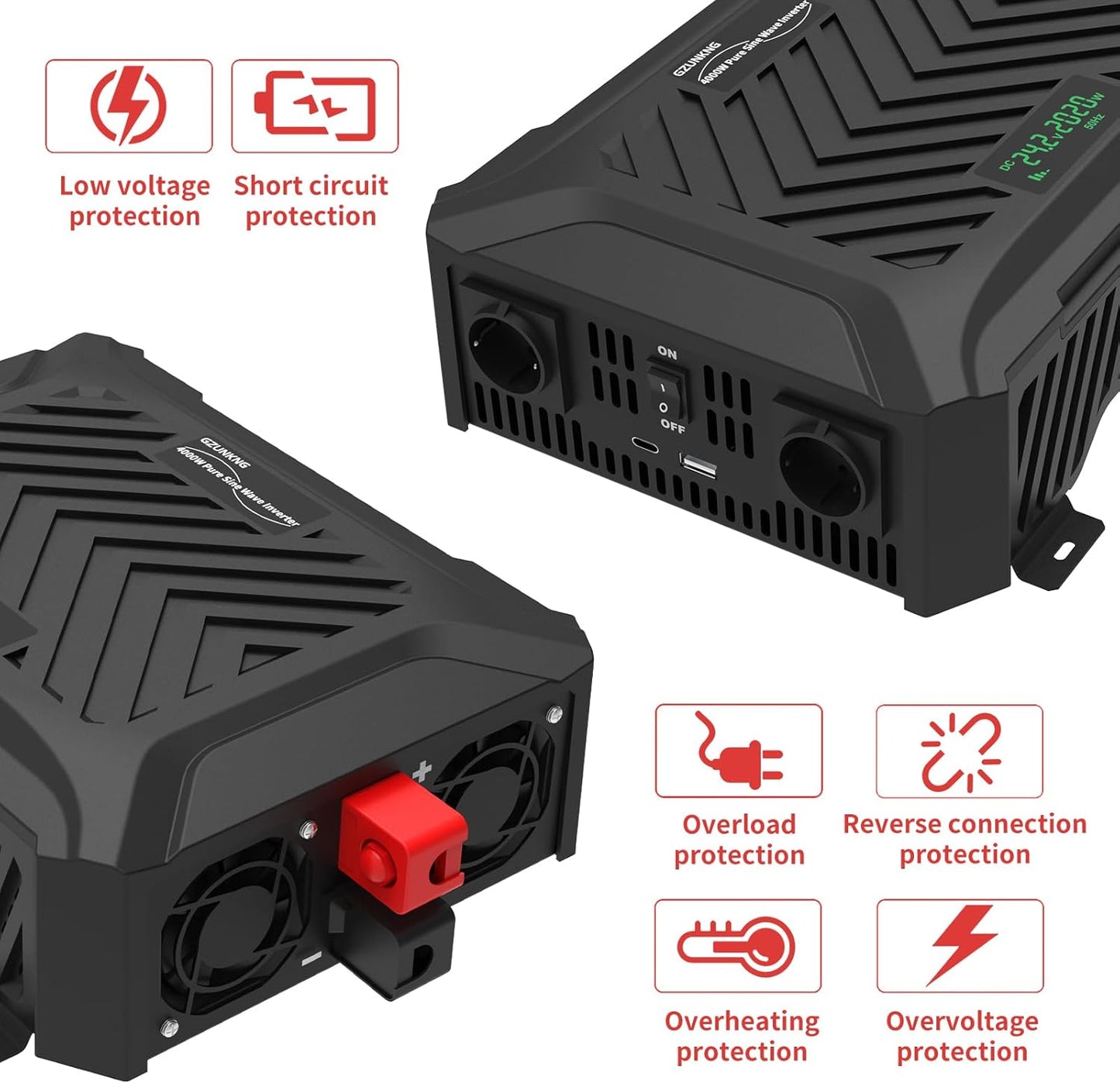 Omvormer 12V/24V Naar 230V – Spanningsomvormer – Zuivere Sinus Omvormer – Inverter – DC Naar AC Omvormer – Automatische 12V/24V Detectie – 2000W Continu, 4000W Piekvermogen