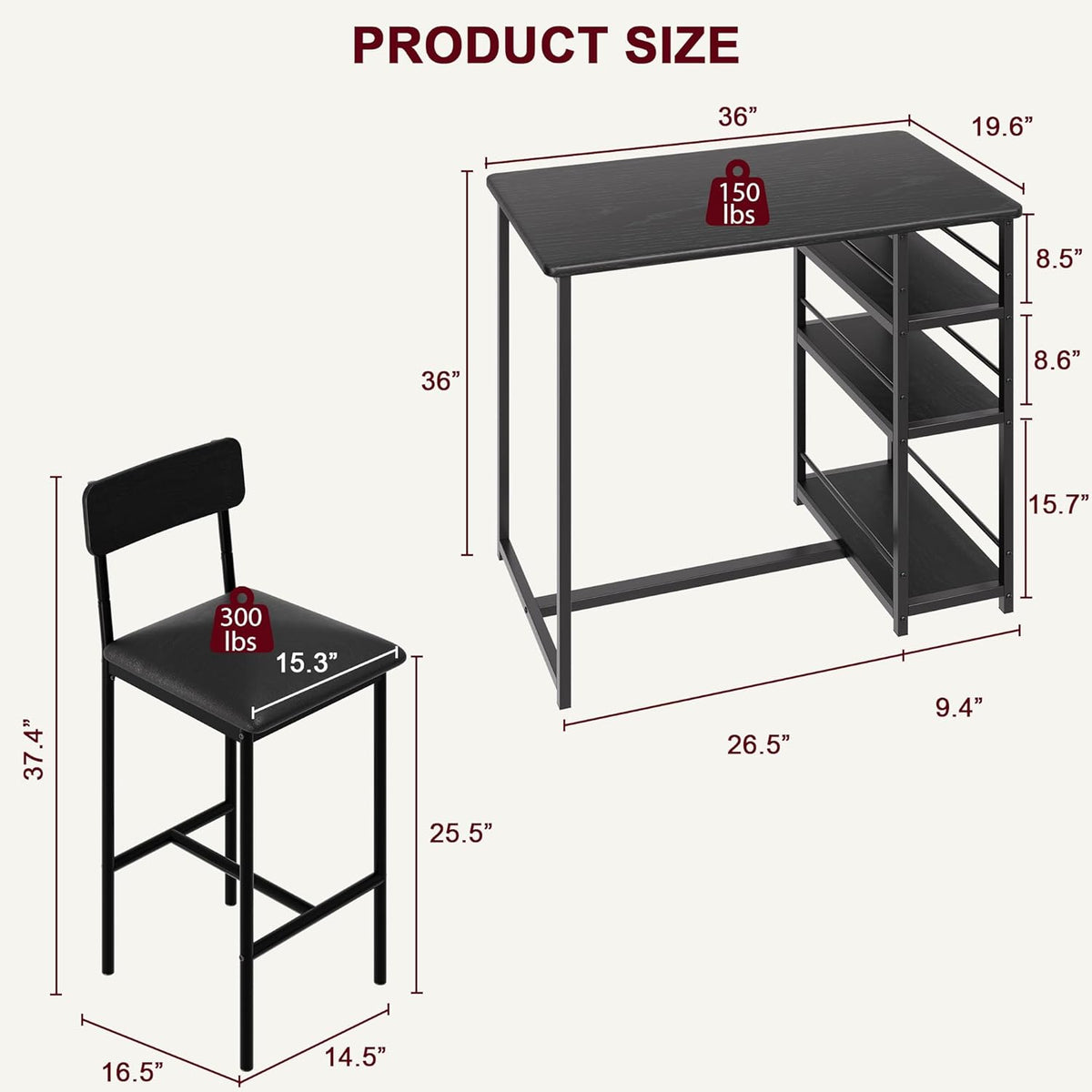 Bartafel set 3-delig, eettafel met 2 stoelen voor keuken, eetkamer, bistro, enz. Bartafel met barkrukset, statafel met metalen frame keukentafel en 2 stoelen met rugleuning en bekleding (zwart)