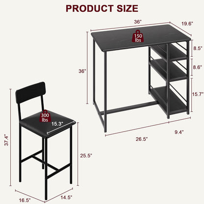 Bartafel set 3-delig, eettafel met 2 stoelen voor keuken, eetkamer, bistro, enz. Bartafel met barkrukset, statafel met metalen frame keukentafel en 2 stoelen met rugleuning en bekleding (zwart)