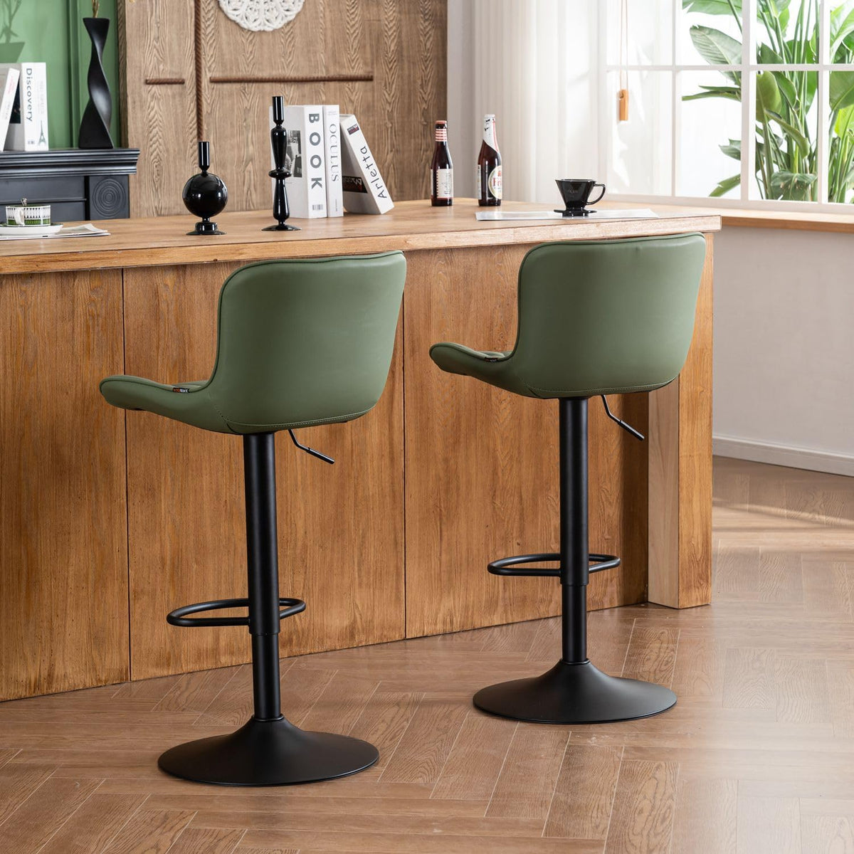 YOUNIKE Barkruk, 2-delige set, draaibare hoogteverstelling, barstoel van kunstleer, bekleding, barstoelen, thekenhocker, moderne barstoelen, keukenstoel met hoge oorleuning, bonengroen