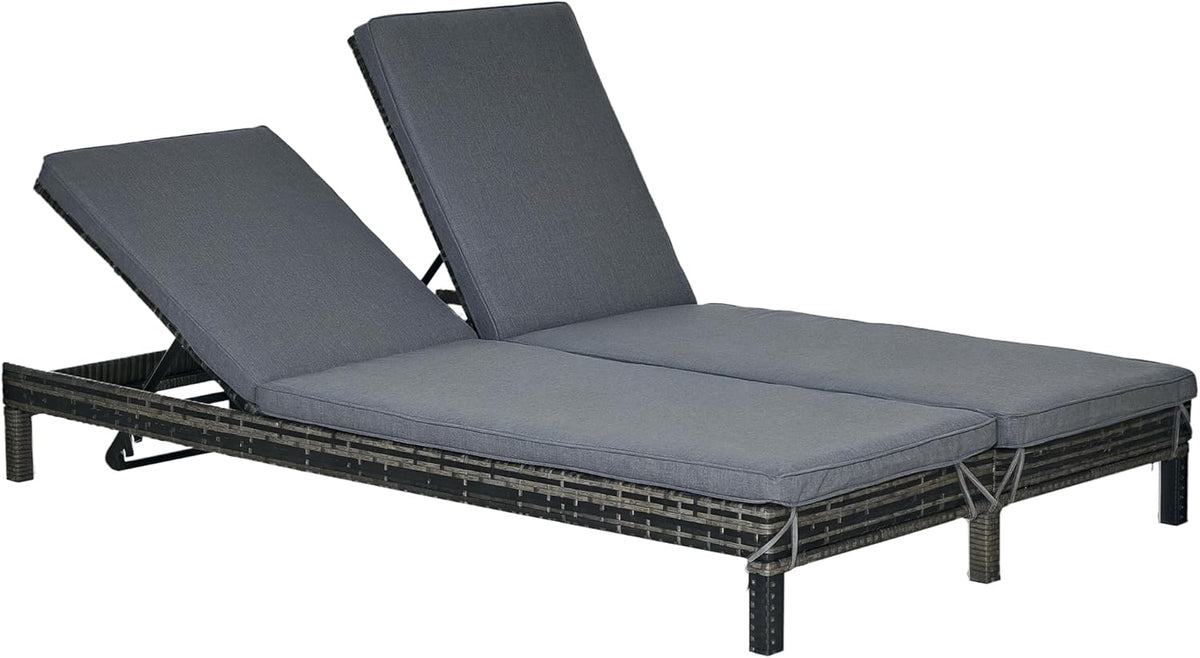 Outsunny Outdoor Lounger, Double Lounger Relax Sofa for 2 Persons, Luxury Lounge Set, Backrest with 5 Positions, Metal, PE Rattan, Grey, 195 x 120 x 28 cm - QUORE