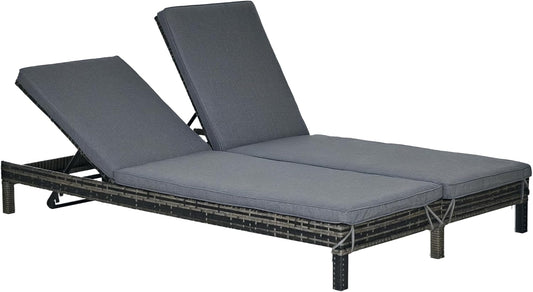 Outsunny Outdoor Lounger, Double Lounger Relax Sofa for 2 Persons, Luxury Lounge Set, Backrest with 5 Positions, Metal, PE Rattan, Grey, 195 x 120 x 28 cm - QUORE