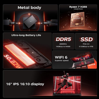 ACEMAGIC 2026 Ryzen 7 H255 Gaming Laptop (up to 4.9Hz), DDR5 16GB Ram 512GB SSD Extend to 4TB, Metal Housing, Backlit Keyboard, WiFi 6, BT5.2, Type C, Laptop Gaming 16 Inches