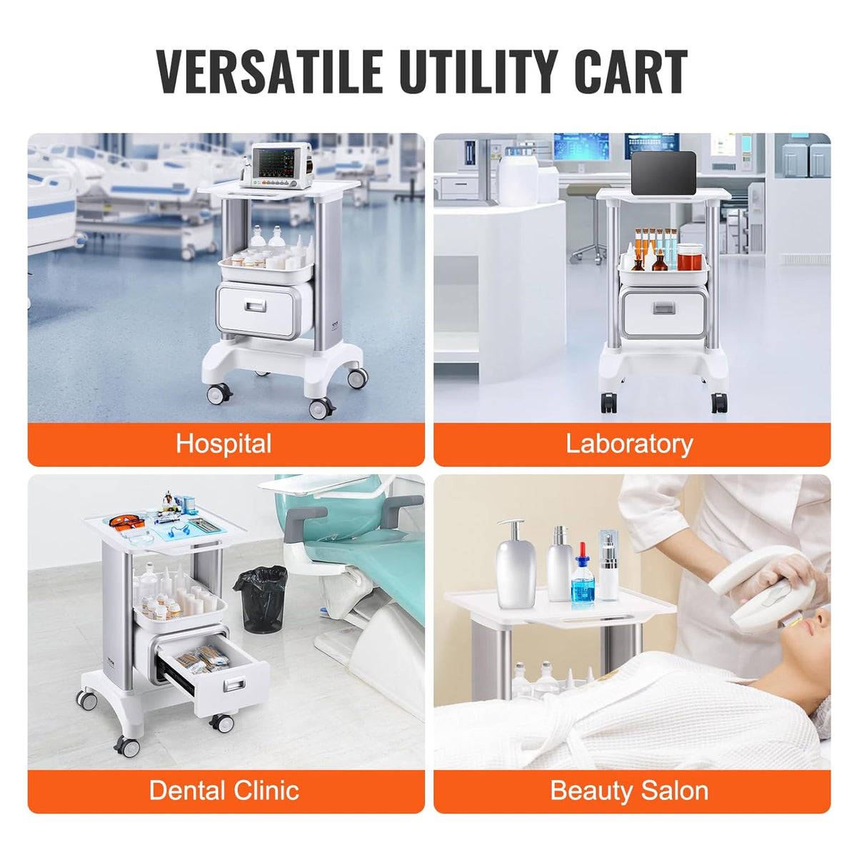 VEVOR Laboratoriumwagen met 2 niveaus, mobiele medische trolley met 1 lade en 1 bovenste plank, verzorgingswagen met ABS-materiaal, 4 stille wielen, voor laboratorium, kliniek, ziekenhuis, woonkamer,