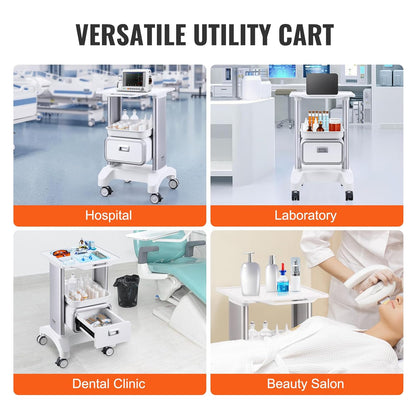 VEVOR Laboratoriumwagen met 2 niveaus, mobiele medische trolley met 1 lade en 1 bovenste plank, verzorgingswagen met ABS-materiaal, 4 stille wielen, voor laboratorium, kliniek, ziekenhuis, woonkamer,
