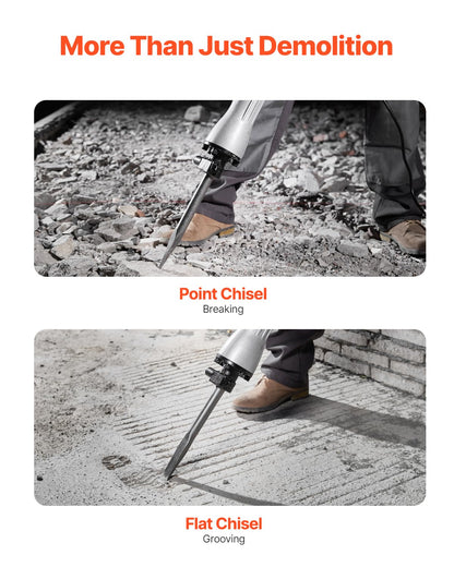 VEVOR Powerful concrete breaker 2200 W, 1-1/8 inch / 28.6 mm electric bridge hammer, drill hammer concrete hammer 1400 BPM, incl. point sizes, flat blades, for sliding, concrete, etc