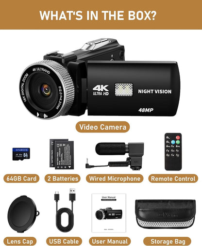 Camcorder 4K – Videocamera – Vlogcamera – Video Camera – Digitale Camera – 48 MP – Infrarood Nachtzicht