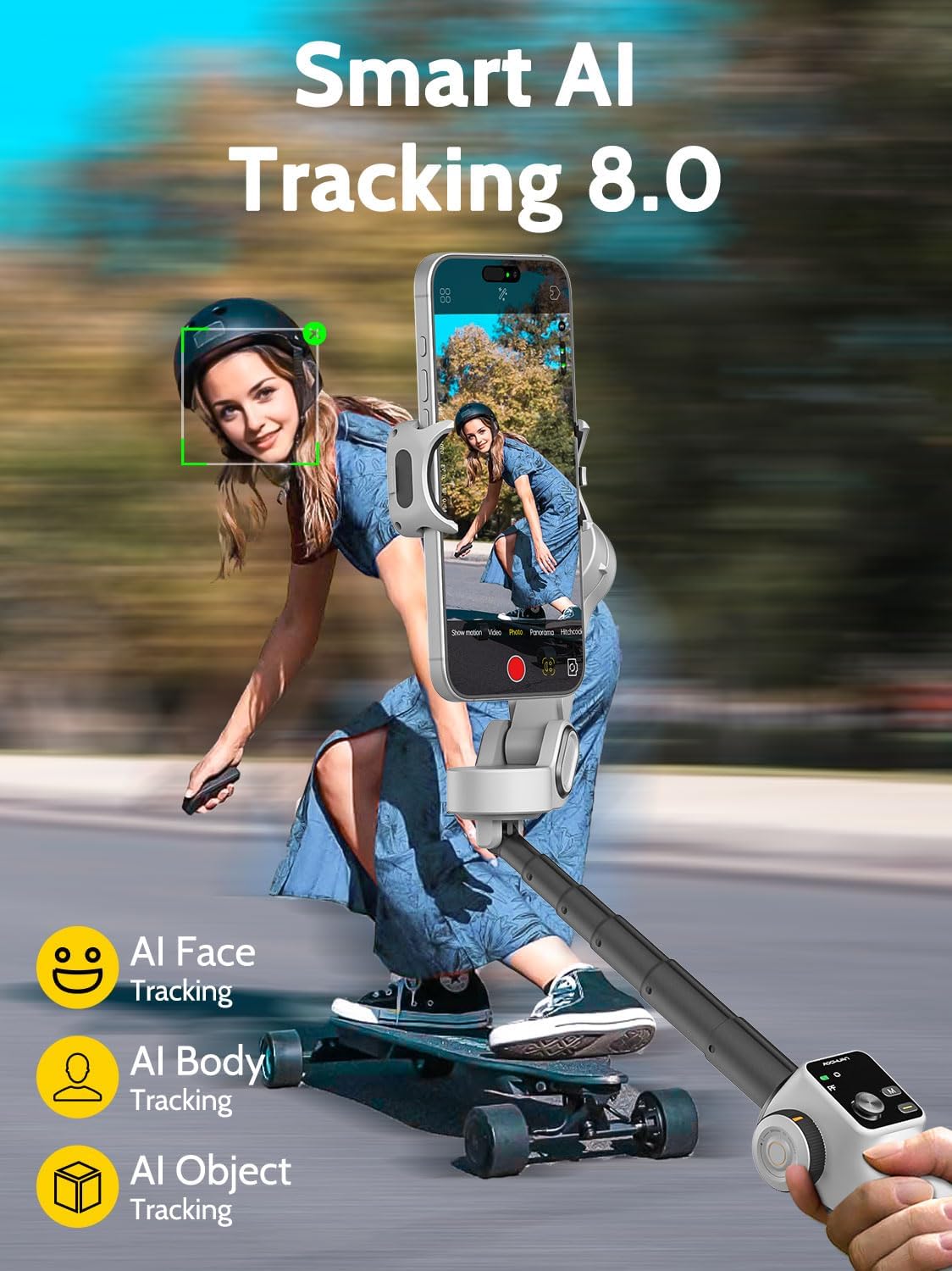 AOCHUAN Mobiele telefoongimbal voor video-opname w/AI Tracking,3-as Vlogging gimbal stabilisator voor iphone w/OLED-display, Smartphone Gimbal w/7.8 ' verlengstang, triggerknop Smart V8 (wit)