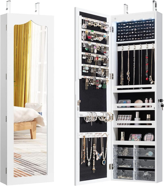 FANTASK Hangende sieradenkast, simpelkast met ledverlichting, spiegel en 6 laden, hangkast voor deur- en wandmontage, sieradenkast voor het opbergen van sieraden en cosmetica, wit