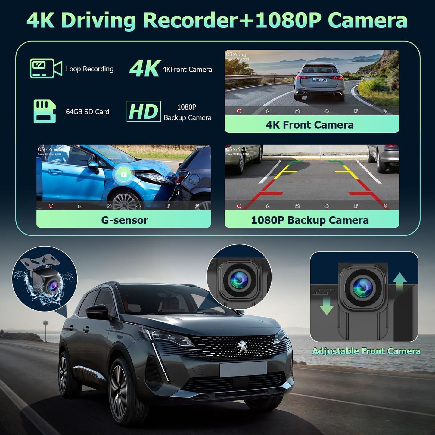 Android Auto Display 10,26 inch IPS Touchscreen CarPlay Display met 4K dashcam en 1080p achteruitrijcamera loop-opname draagbare autoradio met navigatie spiegel link 64G TF