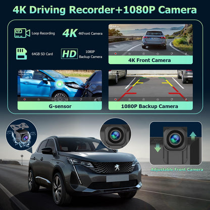 Android Auto Display 10,26 inch IPS Touchscreen CarPlay Display met 4K dashcam en 1080p achteruitrijcamera loop-opname draagbare autoradio met navigatie spiegel link 64G TF