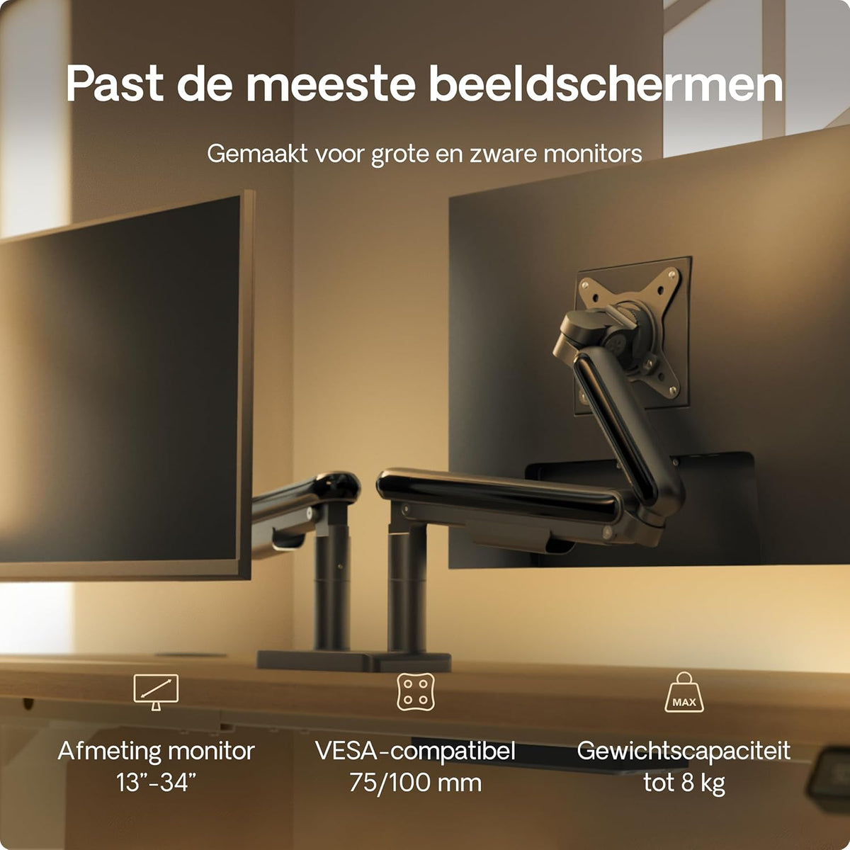 Desktronic Dual Monitor Bracket, Up to 34" & 8kg, 360° Rotation, Height Adjustable, Sturdy, Easy Installation, For Large Screens, Ergonomic Design, Compatible with All VESA 75/100, Black - QUORE