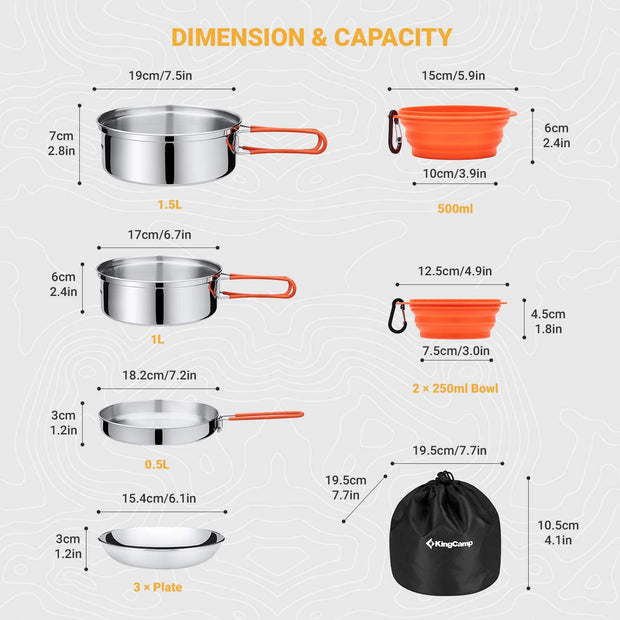 KingCamp Camping Kookgerei Set Servies Rvs Mess Kit Pot Pan Plate Bowl Lepel Vorkmes Karabijnhaken Reizen Kookgerei Outdoor Trekking Wandelen Picknick 25 Stuks voor 3 Personen