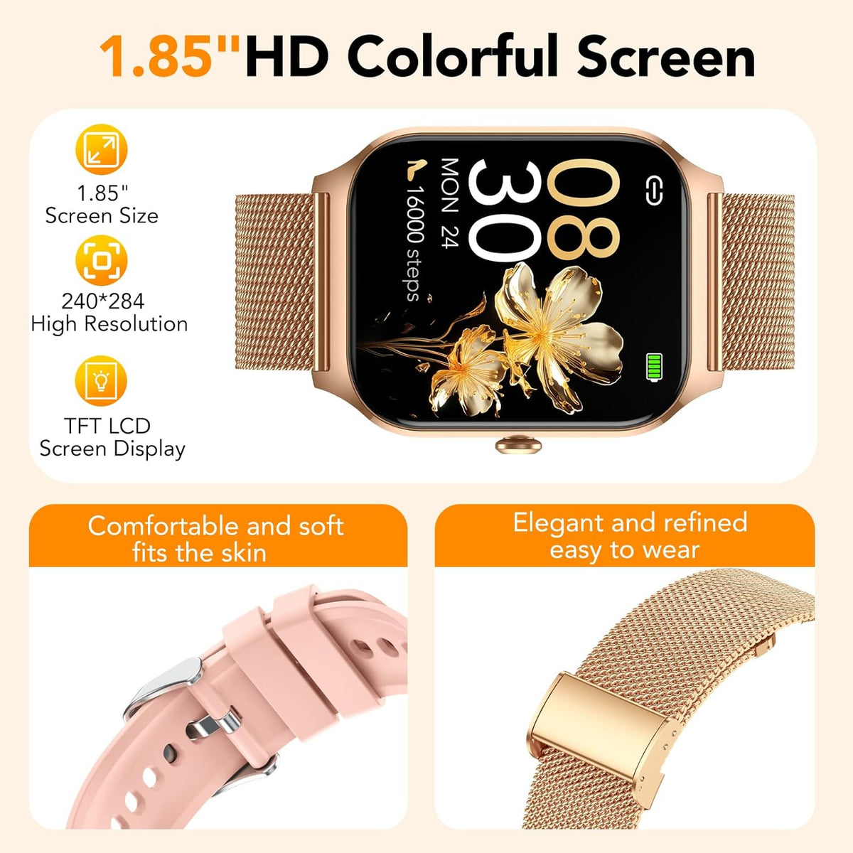CASCHO Smartwatch voor dames, 1,85 inch smartwatch met bluetooth-oproepen/assistent, 120+ sportsmartwatch met stappenteller, slaap-/hartslagmeter, verguld en lichtroze