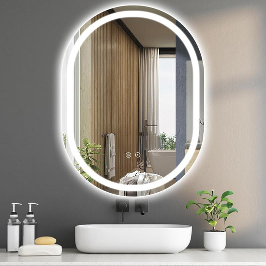 Sanitemodar LED Bathroom Mirror 60 x 80 cm, Oval Bathroom Mirror with Tricolor Light, Wall Mirror with Anti-Fog Touch Switch - QUORE