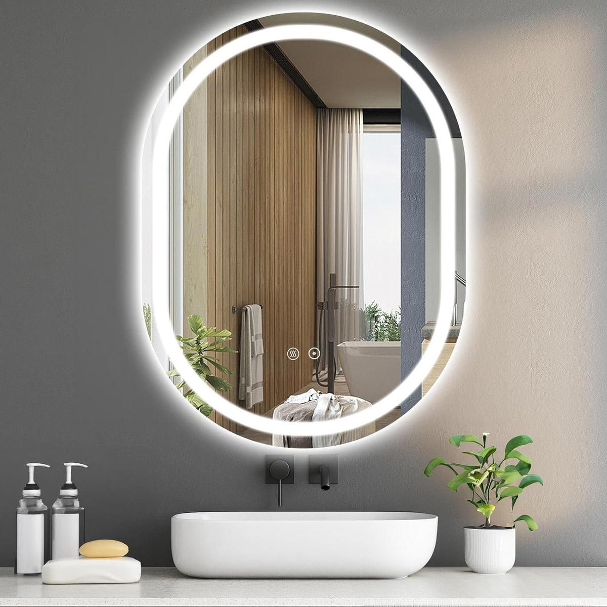 Sanitemodar LED Bathroom Mirror 70 x 90 cm, Oval Bathroom Mirror with Tricolor Light, Wall Mirror with Anti-Fog Touch Switch - QUORE