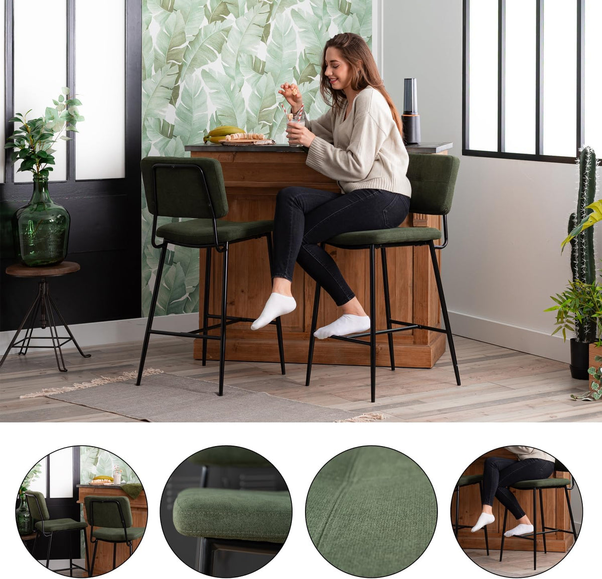 MEUBLE COSY Barkrukken, set van 2 barstoel, zithoogte 69 cm, met rugleuning en voetensteun van stof, barkruk, bistrokruk voor bar, bistro, café, keuken, groen, 46x52x99cm