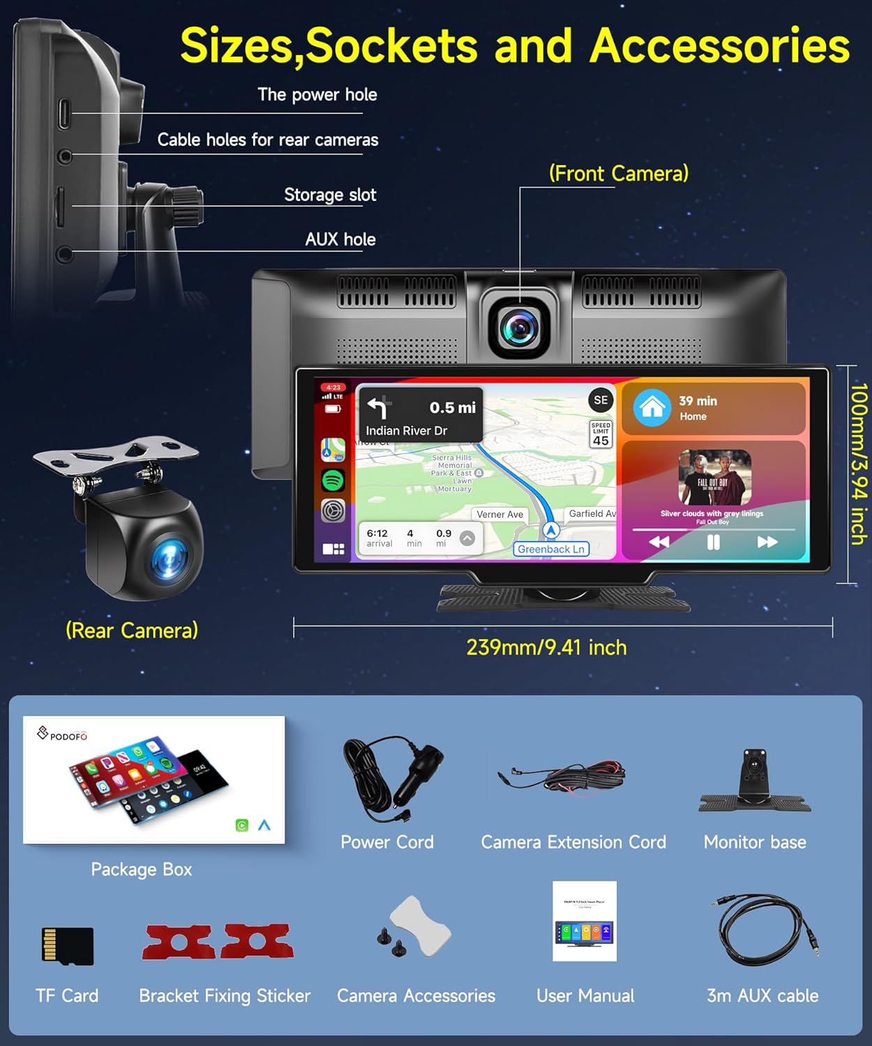 Podofo draagbaar draadloos carplay screen met 2K dashcam voor-en HD-achteruitrijcamera, 9,3-inch draadloos autospel Android Auto touchscreen-display met Bluetooth/GPS/Siri/FM/AUX/64G TF-kaart