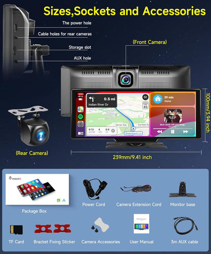 Podofo draagbaar draadloos carplay screen met 2K dashcam voor-en HD-achteruitrijcamera, 9,3-inch draadloos autospel Android Auto touchscreen-display met Bluetooth/GPS/Siri/FM/AUX/64G TF-kaart