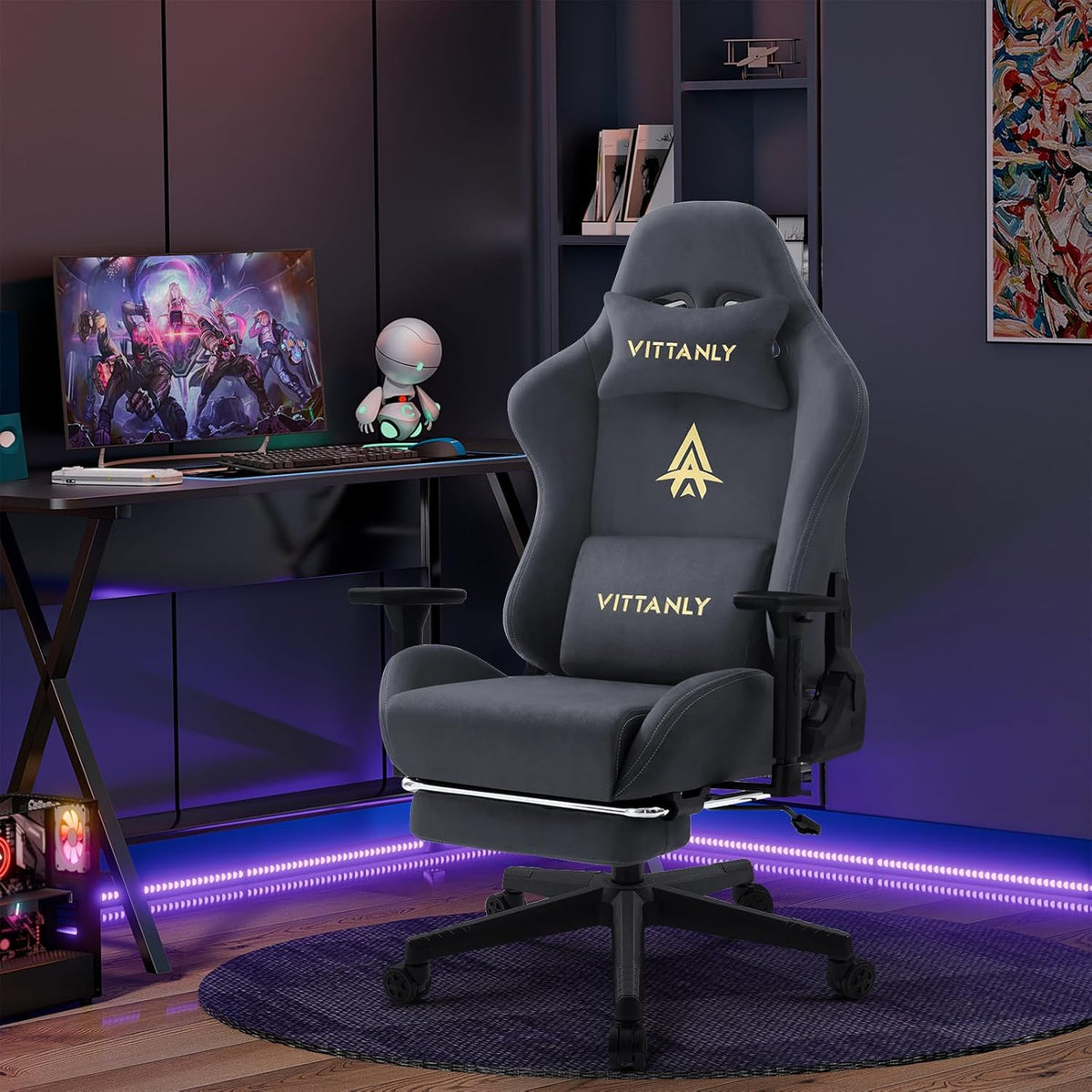 Vittanly Gaming Chair, Luxury Breathable Faux Suede Ergonomic Gaming Chair with Footrest, Headrest and Lumbar Cushion, 3D Armrests, 90-155 Degree Backrest, Grey - QUORE