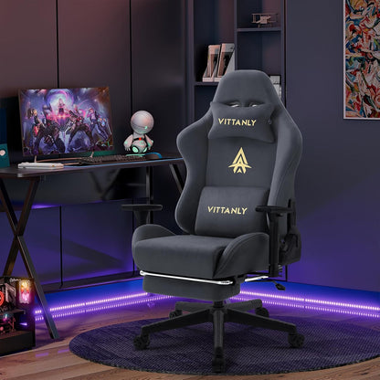 Vittanly Gaming Chair, Luxury Breathable Faux Suede Ergonomic Gaming Chair with Footrest, Headrest and Lumbar Cushion, 3D Armrests, 90-155 Degree Backrest, Grey - QUORE