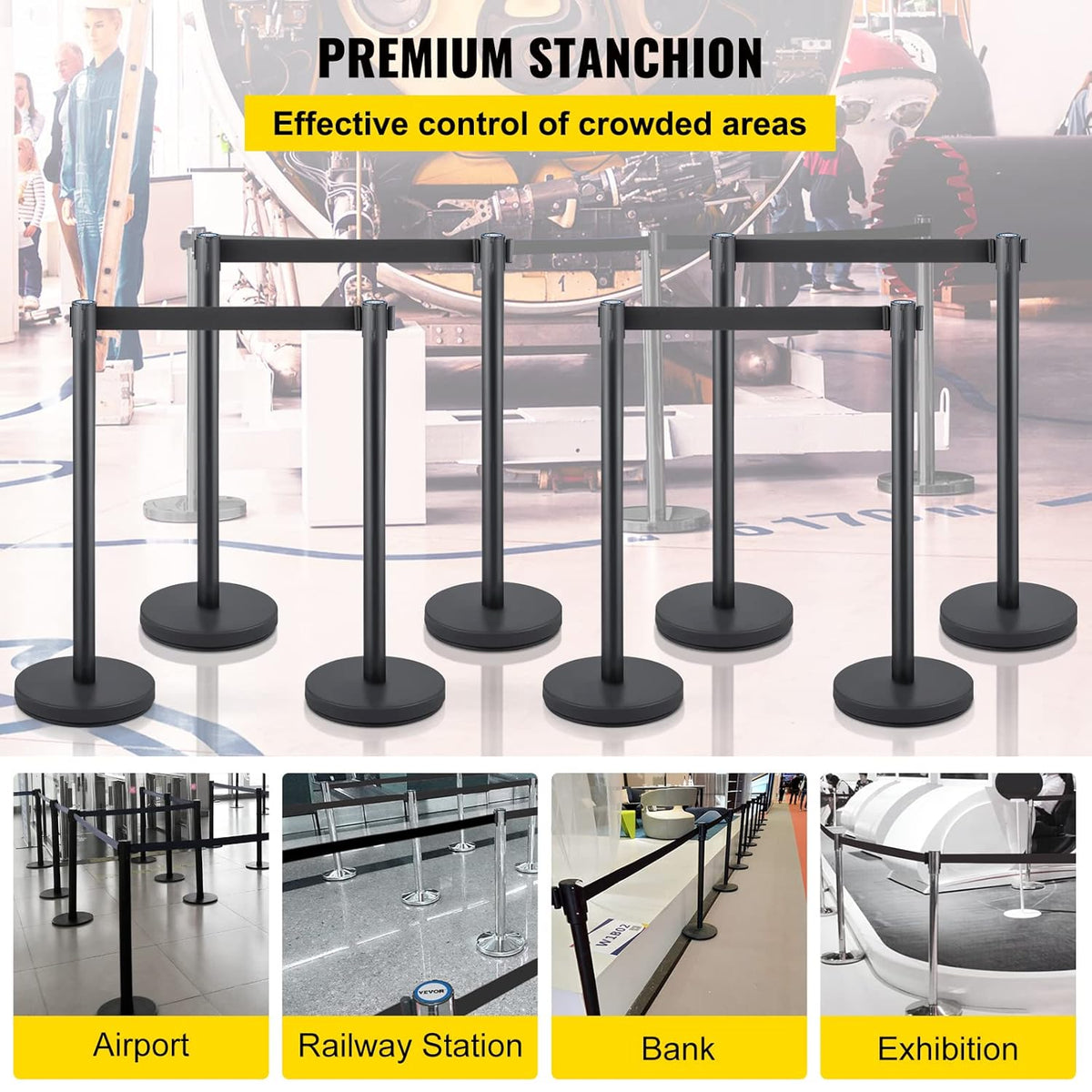 VEVOR Queue Rope Barrier Post Crowd Control Barrier Set 8 Pcs. 2m Black Tire, Barriers for Crowd Control Queue Line Stanchion Queue Dividing Controlling for Theatres Public Places