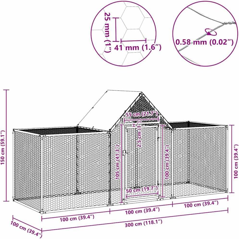 Kippenhok – Kippenren – Poulailler – Pluimveebehok – Buitenren – Gegalvaniseerd Staal – 3 x 1 x 1,5 m Ruim & Waterbestendig Dak
