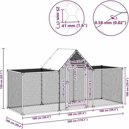 Kippenhok – Kippenren – Poulailler – Pluimveebehok – Buitenren – Gegalvaniseerd Staal – 3 x 1 x 1,5 m Ruim & Waterbestendig Dak