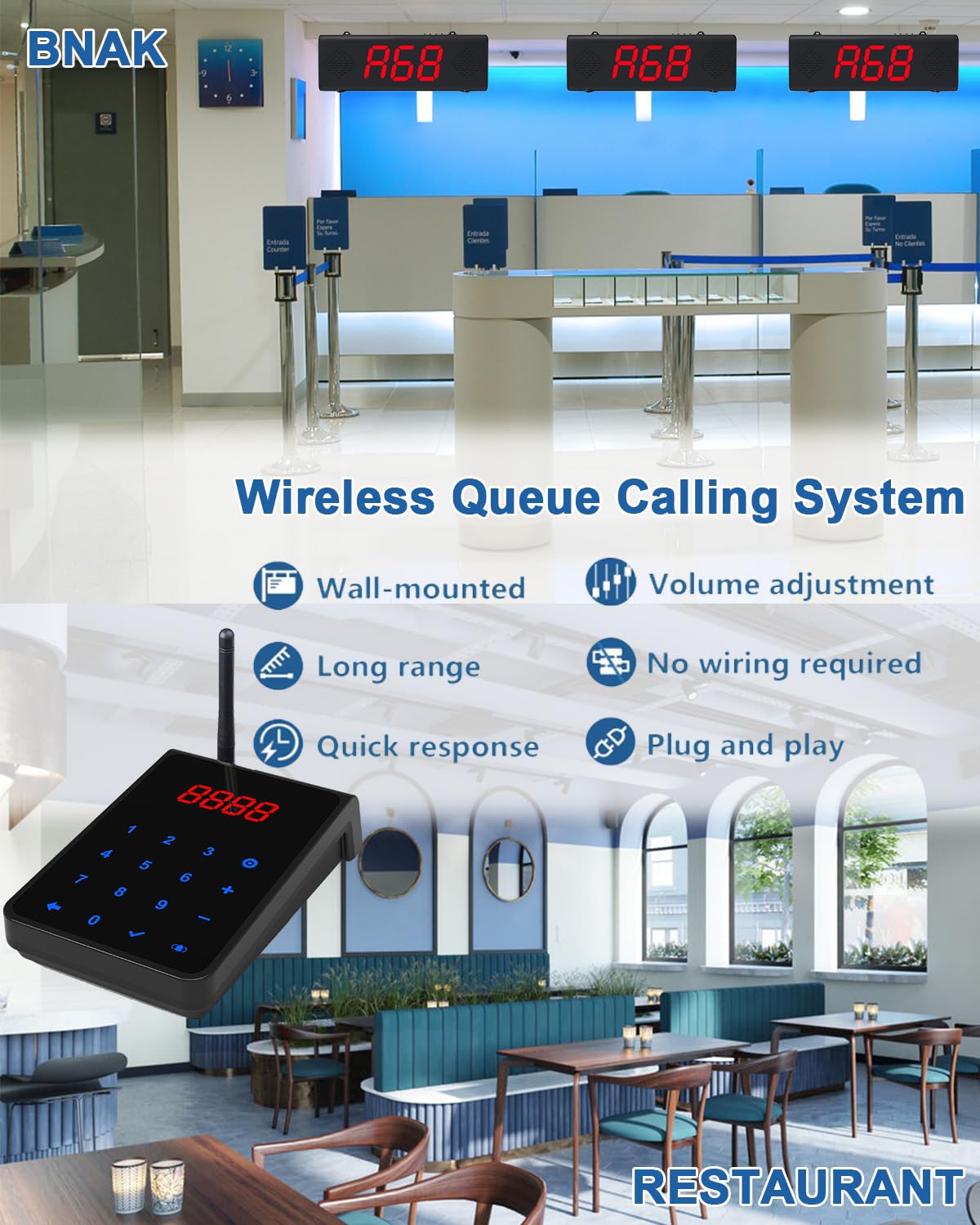 Draadloos oproepsysteem, Pager System, restaurant, scorebord, dienennummer, oproepsysteem, oproepsysteem voor restaurants, klinieken, cafés, banken (2 ontvangers + 1 oproepzender)