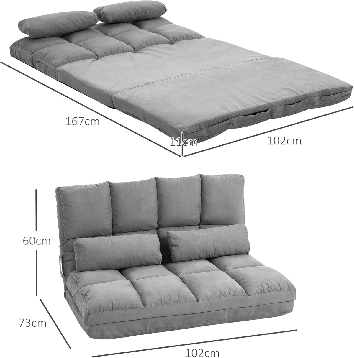 HOMCOM floor chair 2-in-1 floor chair bed with backrest 7 positions adjustable seat cushions light grey velvet steel 102 x 73 x 60 cm - QUORE