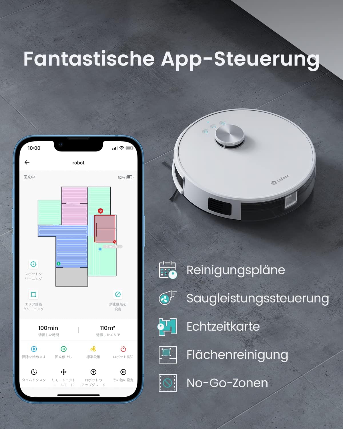LEFANT M1 Robotstofzuiger met dweilfunctie, LiDAR navigatie, 4000 Pa stofzuigerrobot, 200 min. Max, zelfoplagend, wifi, 8 met no-go-zones, ideaal dierenhaar, tapijt, harde vloer