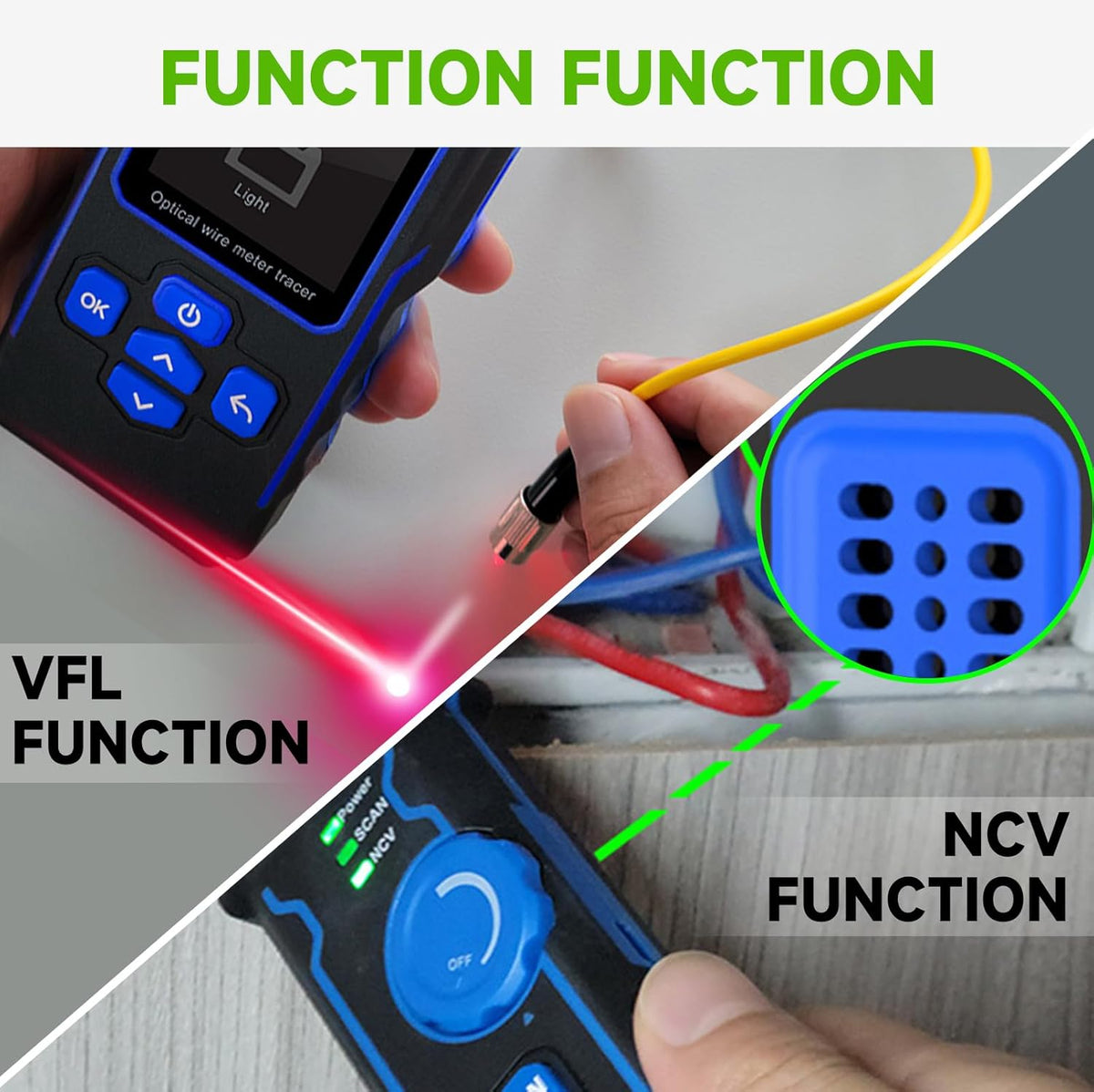 Netwerktester LAN tester met optische vermogensmeter CAT5 CAT6 netwerkkabeltester RJ11 RJ45 ethernet tester kabeltracking met NCV, poort flash, type C laadondersteuning.