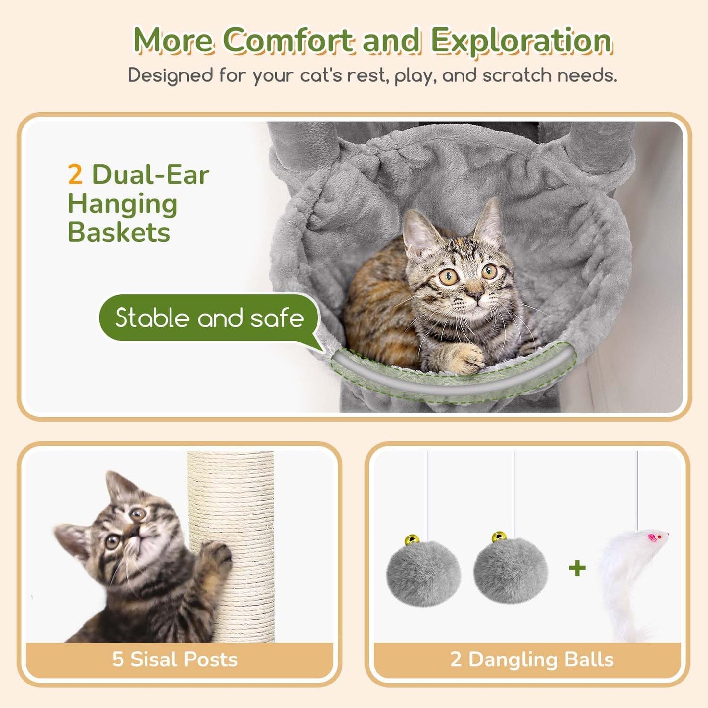 Krabpaal – Kattenboom – Kattentoren – Krabmeubel – Kattenhuis – Hoogte 188 cm – Extra Stabiel Met Sisal