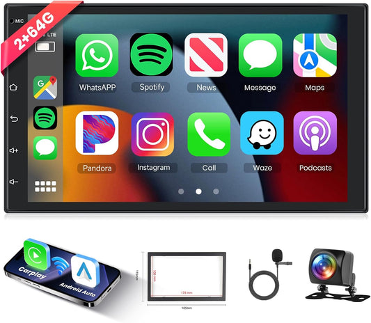 Hodozzy 2 GB+64 GB autoradio 2 DIN GPS Android Wireless Carplay, 7 inch 1080p touchscreen HiFi FM/RDS WiFi navigatie AHD-camera