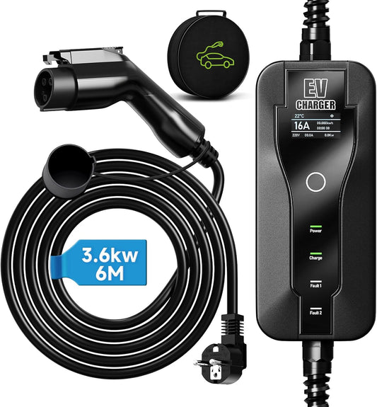 6M EV Oplader Type 1, 3.6kw Elektrische Voertuiglader, 8-16A Schakelbare Stroom, met Controleerbare Digitale Display, Elektrische Auto Oplaadkabel, met Zak (SAE J1772)