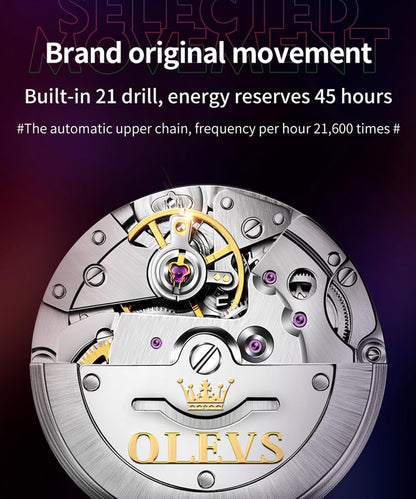 OLEVS Heren Horloge Grote Gezicht Datum Waterdicht Mechanisch Horloge Rvs Night Glow Luxe Volautomatische Mechanische Horloge