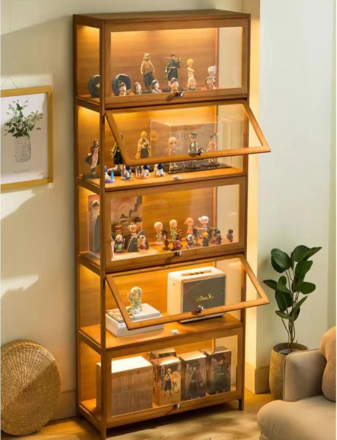 Vitrinekast voor verzamelaars, frame van natuurlijk bamboe, vitrine uit de acrylcollectie, stofdicht, geschikt voor thuis- en kantoorgebruik (houtkleur, 4-vloers-80 cm)